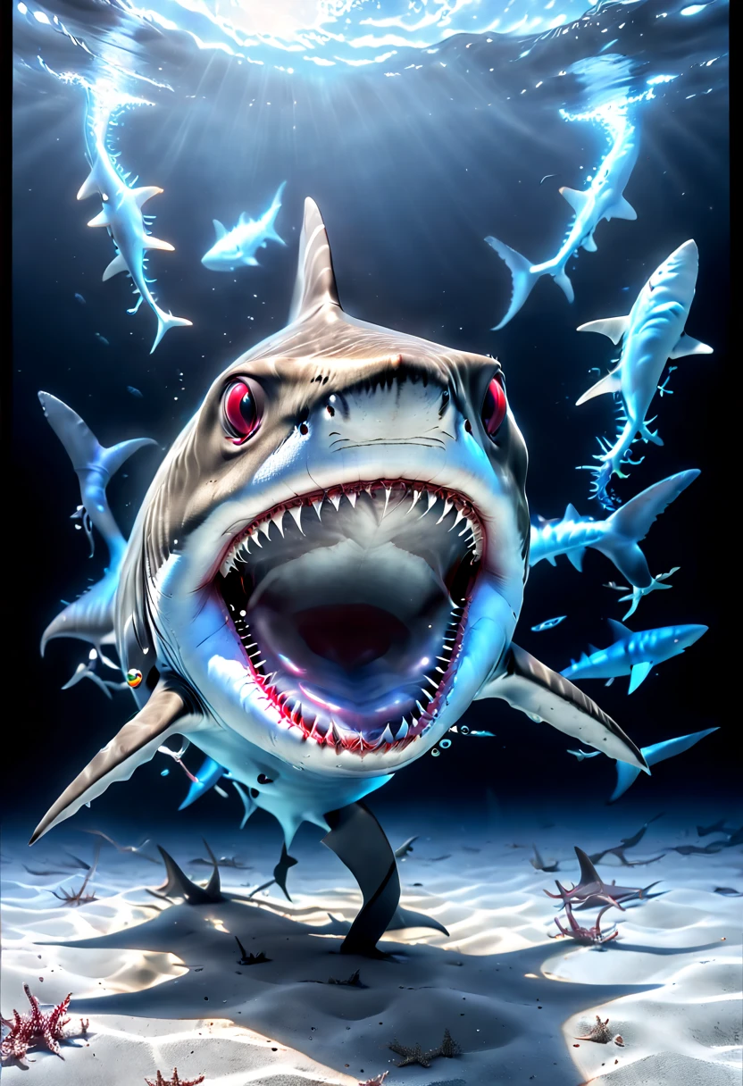 red eyes ferocious Shark, Capture the ethereal dance of light and shadow in a stunning monochromatic photograph with selective color details, revealing the hidden poetry of Bioluminescence, (realistic, photorealistic, RAWphoto:1.4), octane render, intricate, (best quality, masterpiece, Representative work, official art, Professional, 8k wallpaper:1.3)