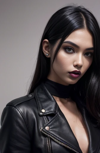 a close up of a woman wearing a leather jacket, inspired by Hedi Xandt, trending on cg society, popular south korean makeup, chin-length hair, dark cape, ๐ฃ ๐ฅ, south east asian with round face, avatar image, wlop loish and clamp style, instagram model, cindy avelino, with short hair, hana alisa omer, makeup, black lips