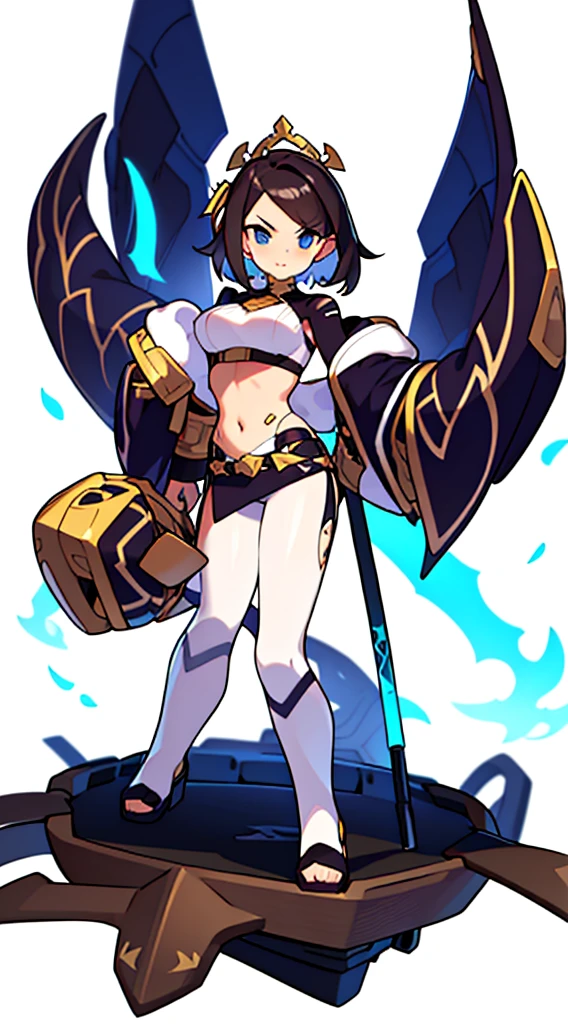 solo female, midriff, (((blurry background, white background))), character focus, fantasy clothes, standing, big groves, character design,