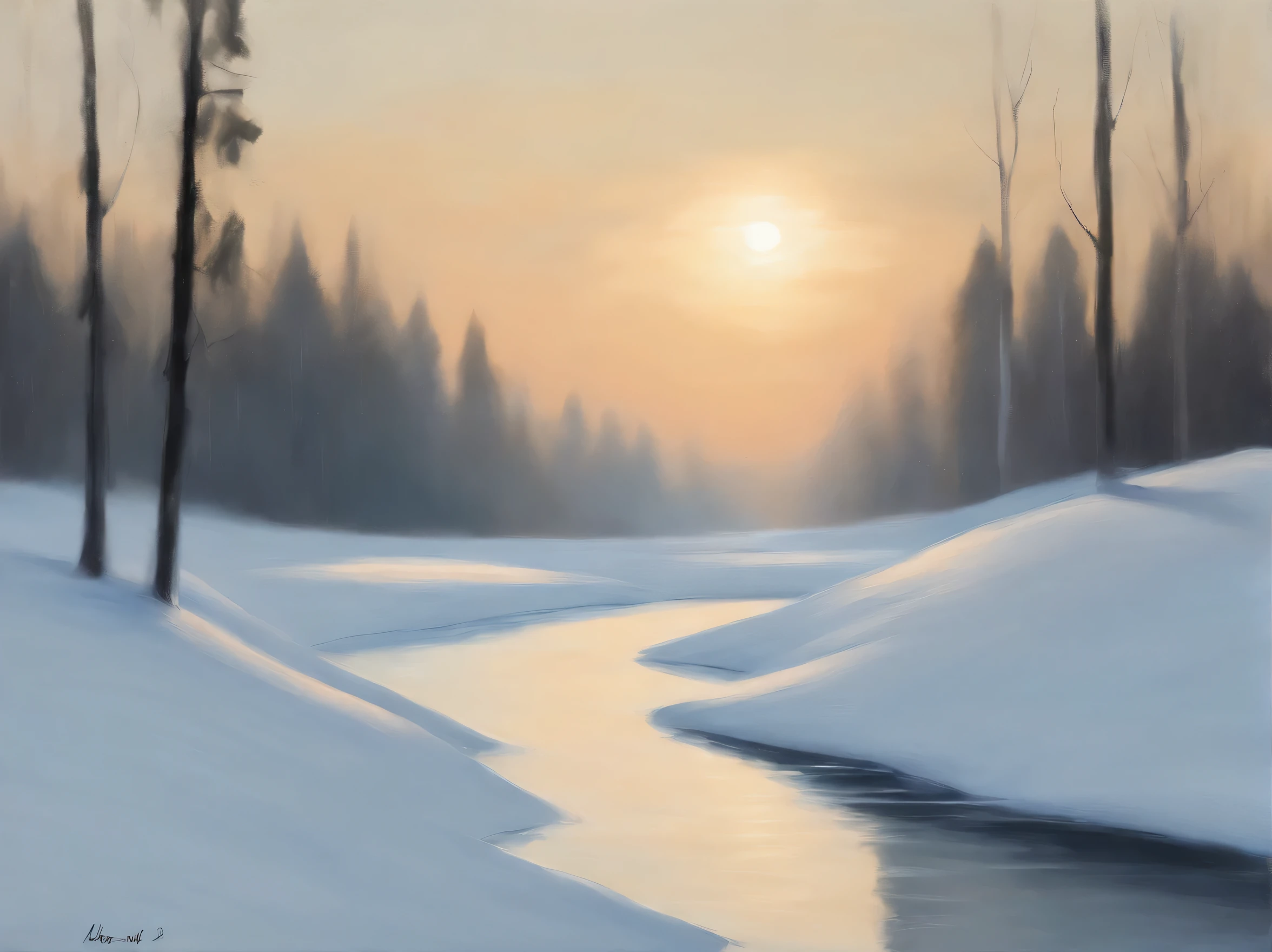 painting of a snowy landscape with trees and a river, inspired by Eero Järnefelt, winter painting, oil painting, inspired by Einar Hakonarson, a snowy day in the forest, distant forest, inspired by Caspar David Friedrich, snow landscape, snowy landscape, painting of a forest, distant forest horizon, inspired by Johan Christian Dahl
