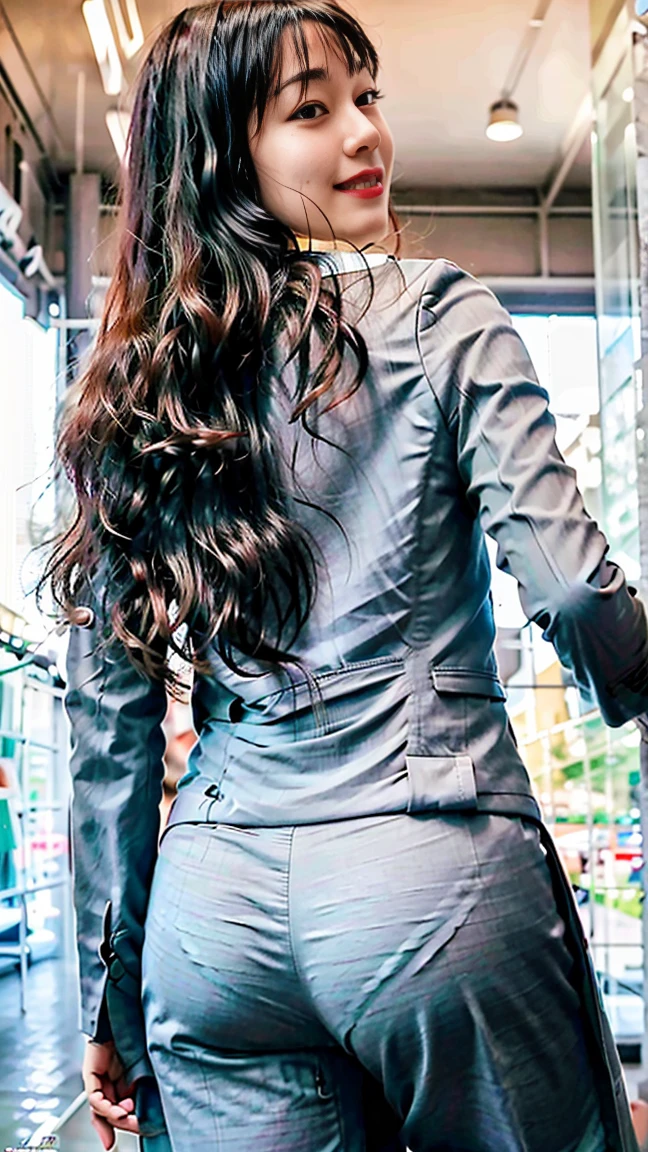 (highest quality, 8K, 32K, masterpiece, UHD: 1.2), 1 girl, beautiful japanese woman, Gray suit, open jacket, OL, suit, pants, From the back, office, machine, (stick out your butt: 1.2), details face, long hair, from below, smile,