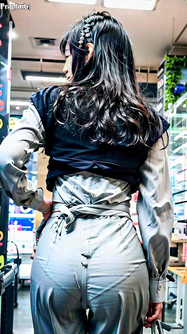 (highest quality, 8K, 32K, masterpiece, UHD: 1.2), 1 girl, beautiful japanese woman, Gray suit, open jacket, OL, suit, pants, From the back, office, machine, (stick out your butt: 1.2), details face, long hair, from below, smile,