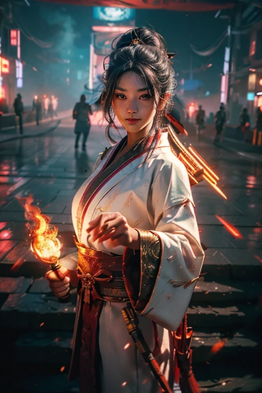 (RAW photo, highest quality), (realistic, photorealistic truth: 1.3), highest quality, very detailed, masterpiece, hyper detail, figure, 1 girl, smile, black hair, Yellow clothes, wield two daggers, upper_body, dynamic angle, World Mastery Theater, long flowing hair, Fluorescent Saint Red, Dynamic fire background, highest quality, very detailedCG統一8k壁紙, ink, wonderful, movie lighting, lens_flare, martial arts_style,Japanese style,Furisode,celebration,kimono