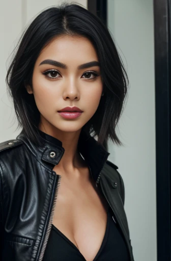 a close up of a woman wearing a leather jacket, inspired by Hedi Xandt, trending on cg society, popular south korean makeup, chin-length hair, dark cape, 💣 💥, south east asian with round face, avatar image, wlop loish and clamp style, instagram model, cindy avelino, with short hair, hana alisa omer, makeup, black lips, juicy black lips
