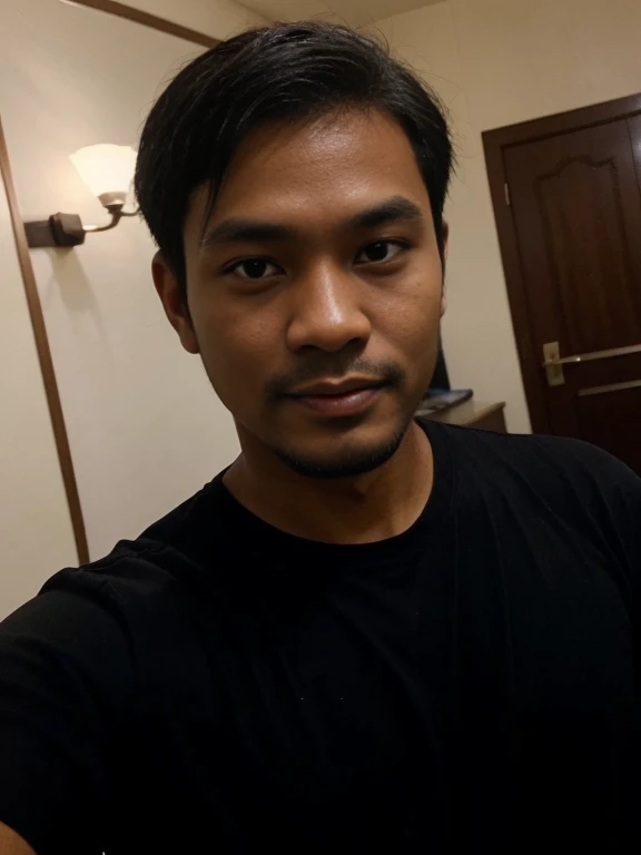 a selfie of a malay man, ((dark skin)), at the hotel lobby, 40-year-old, ((very short hair))