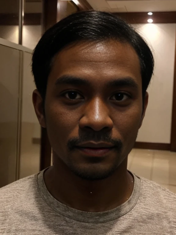 a selfie of a malay man, ((dark skin)), at the hotel lobby, 40-year-old, ((very short hair))