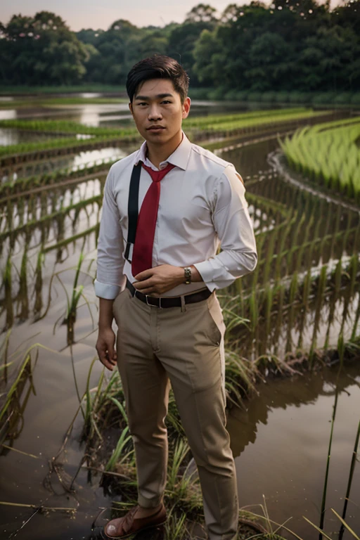 There was a man wearing a red tie and no shirt.,standing in the rice field, soft 8K portraits, Asian handsome man, Shot with canon eos r5, Shot with canon eos r5, taken with canon eos 5 d mark iv, 8K portraits, taken with canon 5d mk4, taken with sony alpha 9, Portrait of a Japanese teenager