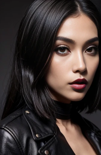 a close up of a woman wearing a leather jacket, inspired by Hedi Xandt, trending on cg society, popular south korean makeup, chin-length hair, dark cape, 💣 💥, south east asian with round face, avatar image, wlop loish and clamp style, instagram model, cindy avelino, with short hair, hana alisa omer, makeup, black lips, juicy black lips