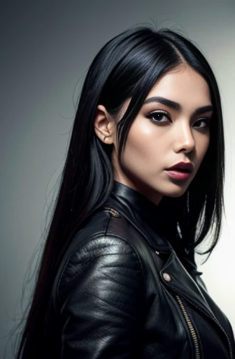 a close up of a woman wearing a leather jacket, inspired by Hedi Xandt, trending on cg society, popular south korean makeup, chin-length hair, dark cape, 💣 💥, south east asian with round face, avatar image, wlop loish and clamp style, instagram model, cindy avelino, with short hair, hana alisa omer, makeup, black lips, juicy black lips