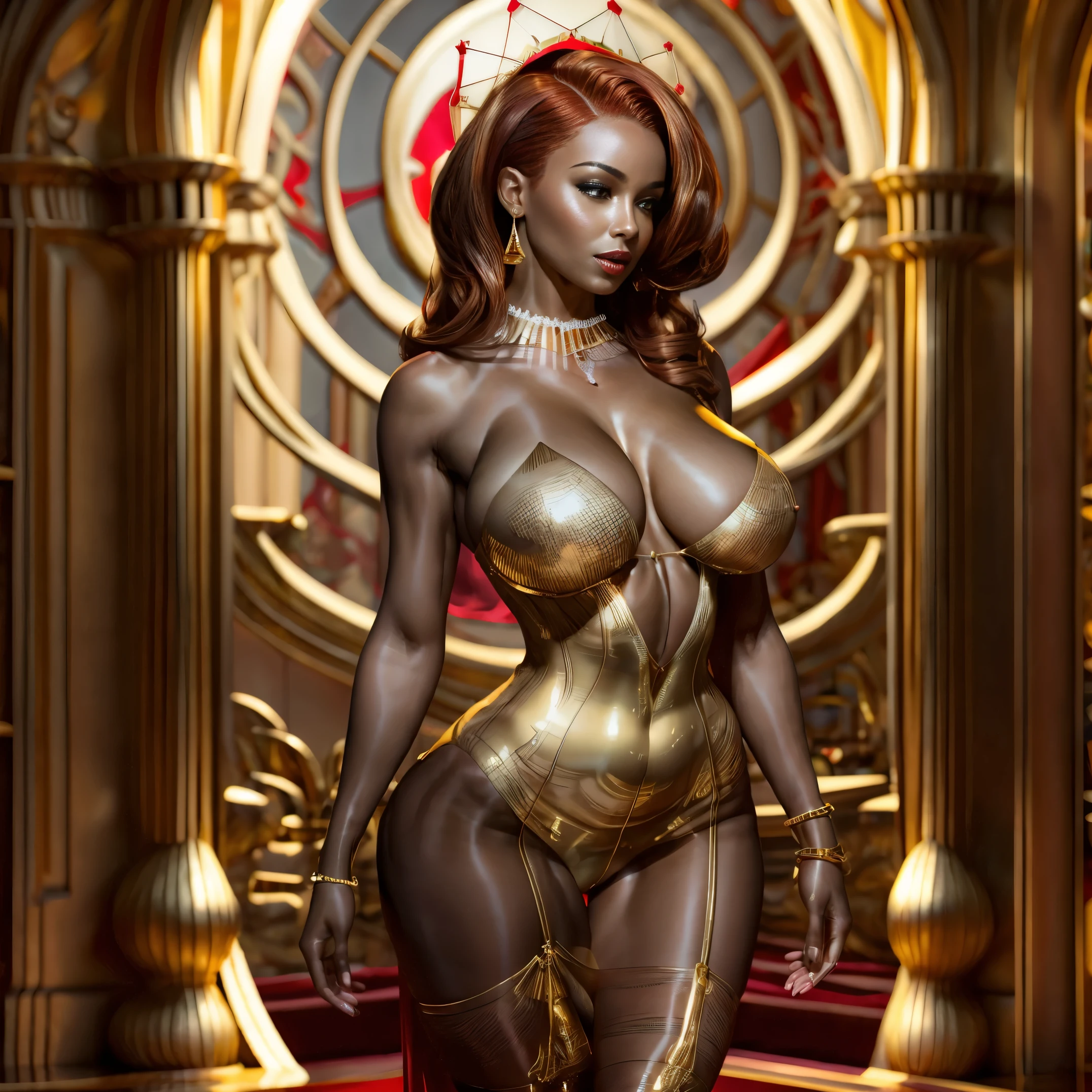 Beautiful nude woman with massive breasts. The breasts are not covered by anything. Red full lips. colorful hair on the head. A gold dress showing the entire breasts. The dress is very tight and shiny. Gold transparent stockings. The girl is wearing a lot of jewelry and diamonds.