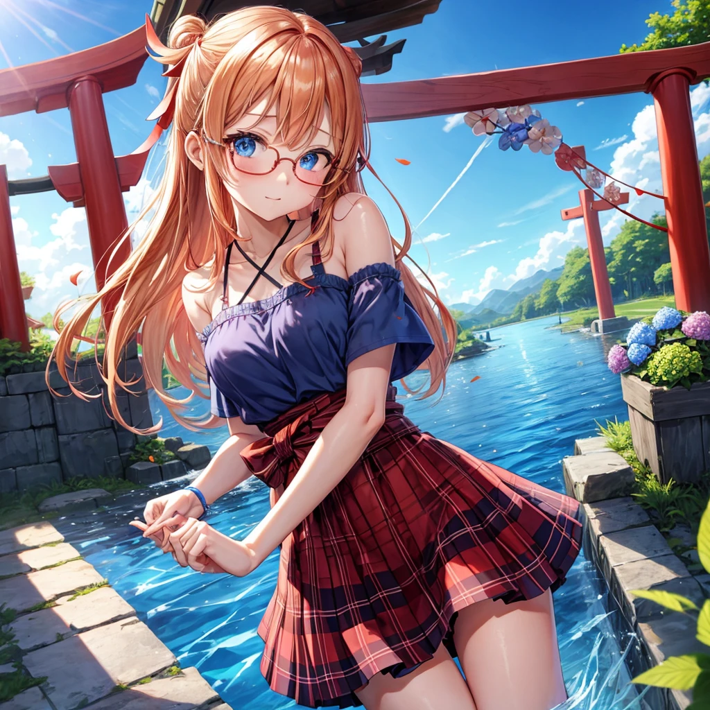 Red-blonde、blue hair、blue eyes、Braid、one good looking girl、solo、anime、Plaid miniskirt、camisole、black t-shirt、Tilting your face、Doing the ribbon、Ribbon at waist、sunset sky、shrine、stone stairs、petal、tunnel、drawing a fortune、Fallen leaves、fixing glasses、waterfall、Have a bouquet of hydrangeas、contrail、drinking water