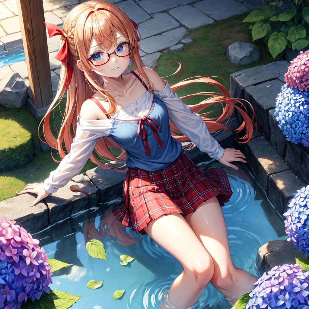 Red-blonde、blue hair、blue eyes、Braid、one good looking girl、solo、anime、Plaid miniskirt、camisole、black t-shirt、Tilting your face、Doing the ribbon、Ribbon at waist、sunset sky、shrine、stone stairs、petal、tunnel、drawing a fortune、Fallen leaves、fixing glasses、waterfall、Have a bouquet of hydrangeas、contrail、drinking water