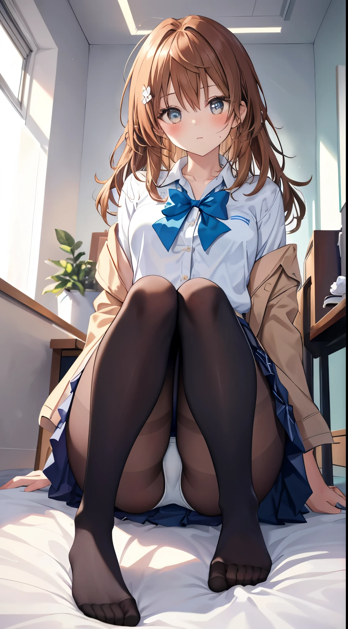 finest, masterpiece, High resolution, (whole body), front, frontやや下からの構図, symmetry, high school girl, alone, (whole body from head to toe), small breasts, long hair, brown hair, slightly messy hair, (black tights), ( (black pantyhose), black pantyhose, M字開foot, Bent knees and legs spread, composition show me your white panties, slender beautiful foot, very beautiful girl (not wearing shoes) foot), blush, shy big eyes, messy hair, looking at camera, show me your white panties, White ruffled lingerie, high school uniform blazer, high school uniform white blouse, High school uniform with blue ribbon, High school uniform with short plaid pattern and navy pleated skirt