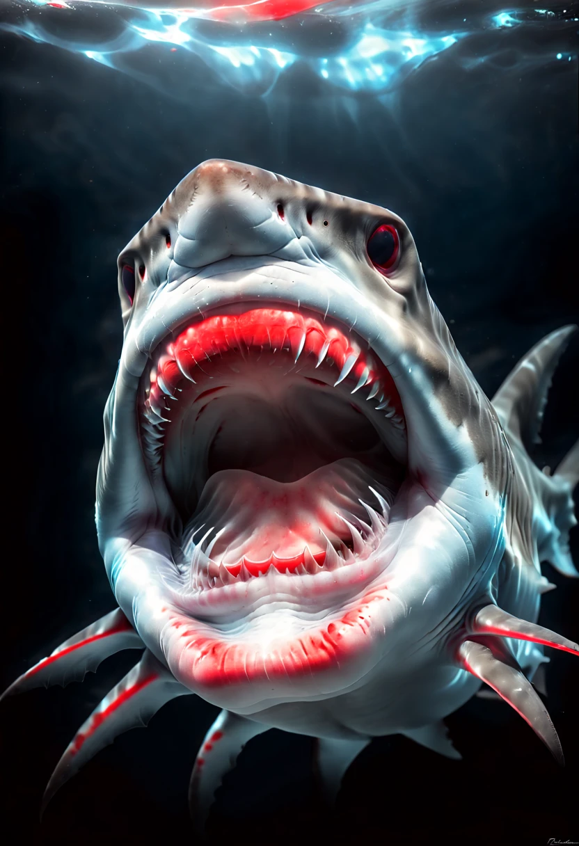 red mouth ferocious Shark, Capture the ethereal dance of light and shadow in a stunning monochromatic photograph with selective color details, revealing the hidden poetry of Bioluminescence, (realistic, photorealistic, RAWphoto:1.4), octane render, intricate, (best quality, masterpiece, Representative work, official art, Professional, 8k wallpaper:1.3)