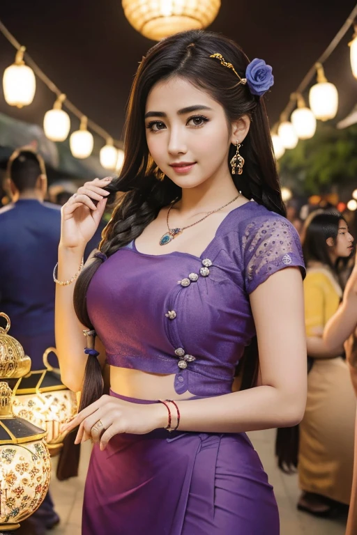 Carlotta Champagne as a beautiful young maiden, standing perfect body, perfect large breasts, perfect small waist, perfect long braids hair, wearing light makeup, long eye lashes, eye mascara, wearing light beautiful Ornaments, long earrings, necklaces, happy look, at a Myanmar night market, night light.
