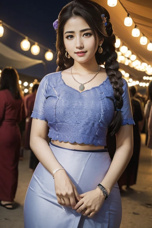 Carlotta Champagne as a beautiful young maiden, standing perfect body, perfect large breasts, perfect small waist, perfect long braids hair, wearing light makeup, long eye lashes, eye mascara, wearing light beautiful Ornaments, long earrings, necklaces, happy look, at a Myanmar night market, night light.