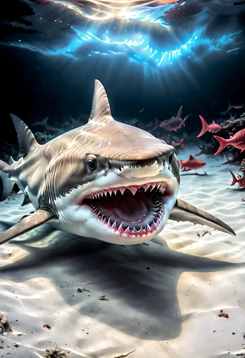 red mouth ferocious Shark, Capture the ethereal dance of light and shadow in a stunning monochromatic photograph with selective color details, revealing the hidden poetry of Bioluminescence, (realistic, photorealistic, RAWphoto:1.4), octane render, intricate, (best quality, masterpiece, Representative work, official art, Professional, 8k wallpaper:1.3)