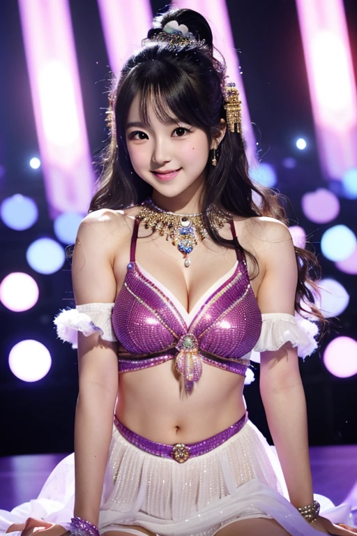 master piece、Ultra high resolution photo quality、cinematic camera work、Video of the entire stage、long shot、modern japanese strip theater、wide stage、wide seat、Mayu Minami、big droopy eyes、thick eyebrows、flushed cheeks、familiarity、very beautiful Japanese female dancer、athlete、very sexy、Very long and beautiful strong arms and legs and beautiful abs、Fair skin、Her fine skin is very beautiful、Sweat、beautiful bright smile、healthy、kind、Noble、refinement、kind、mild、raise one leg、active pose、yoga、gorgeous beautiful dress、Beautiful stage costumes、Dramatic and gorgeous beautiful lighting、Spotlight、Laser beam、smoke effect、clear acoustics、round table stage、body chain、