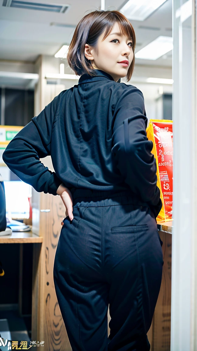 (best quality,8K,32K,master piece,UHD:1.2),1 girl,Beautiful Chinese Womitru Obesity,thin waist,グレー suit,open jacket,office lady,suit,pants,From the back,office room,Affairs machine,(stick out your butt:1.2),detailed face,short and fine hair,