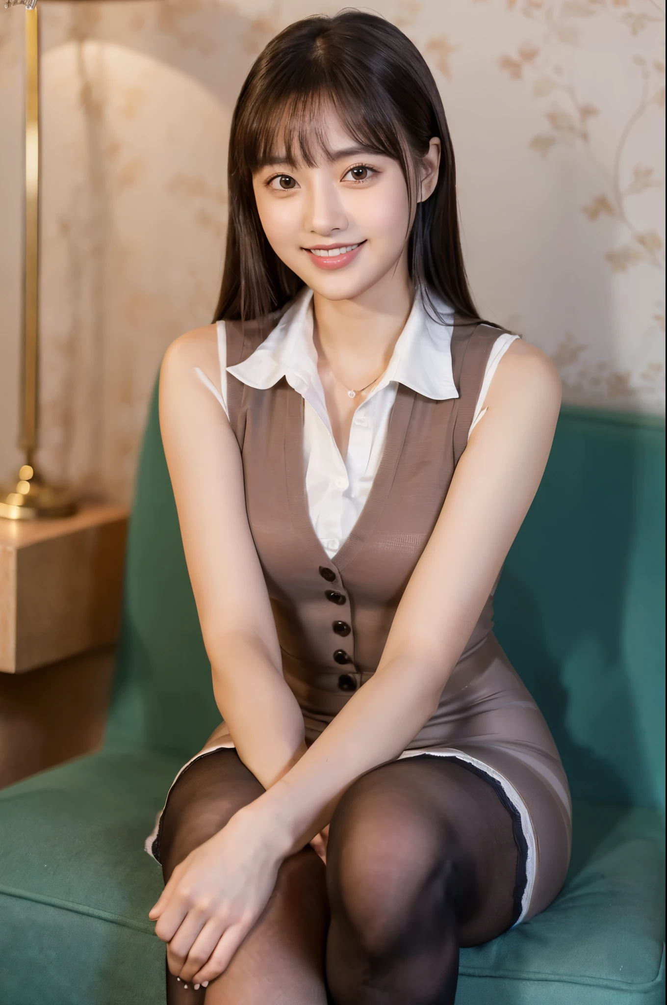 Ulchan-6500-v1.1, (RAW photo:1.2), (Photoreal), beautiful detailed girl, (genuine: 1.4), very detailed目と顔, beautiful and detailed eyes, Mr.々patterned vest、(((Sitting with legs aligned:1.3))、(super realistic pantyhose:1.2), (high heels)、(Business service)、(very affectionate smile:1.2)、huge file size, High resolution, very detailed, highest quality, [masterpiece:1.6], enlightenment, very detailed, finely, highest quality, 8k wallpaper, movie lighting, 1 girl, 26 years old, perfect body shape, cute droopy eyes、beautiful big eyes、highest quality, 1 girl, eye shadow, Upper body, portrait, ((full body shot:1.3))、
