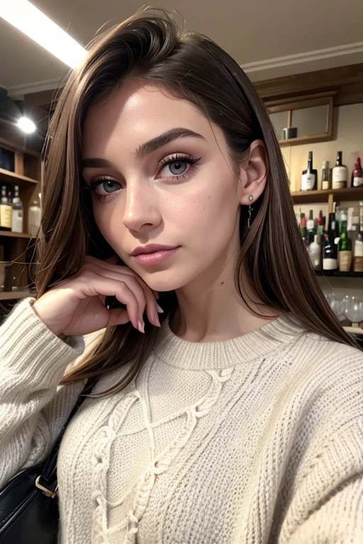 Belle fille, Marron_eyeeautiful mince adolescente de 18 ans, cheveux color [Brown highlights cheveux], [Pixie undercut] cheveux)), boucles d’oreilles, lèvres, Réaliste, taille étroite, charmant, pink lèvrestick, maquillage coloré, Cils longs, boucles d’oreilles, porter de l’eye-liner, peau claire, (mignon), (face détaillée), Yeux détaillés, Iris détaillé, corp magnifique, à Paris, Portez des vêtements élégants, Elle tenait un sac à main à la main, dans un bar café, paris , hiver , neige, pull