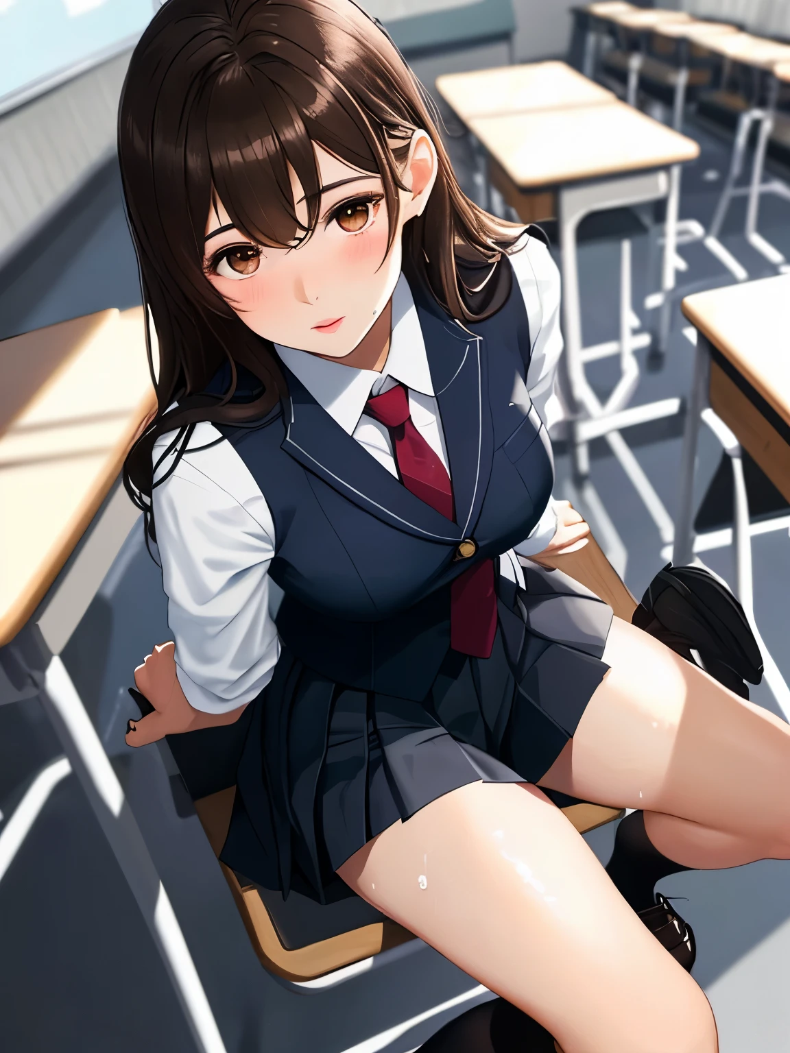 1girl,classroom,glasses,braid,uniform,miniskirt,socks,sitting on chair,(((,white panties))),,,looking away