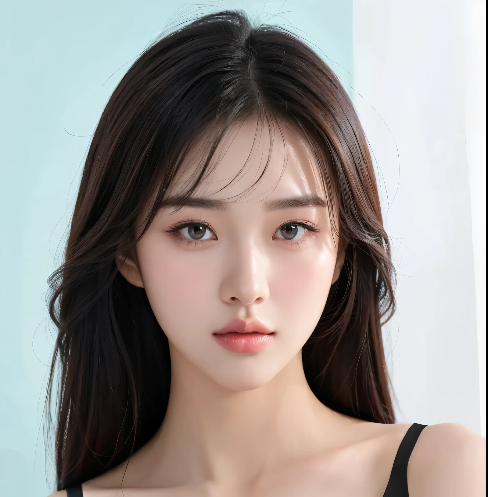 ((closed lips)),（In reality， high resolution：1.3）, korean girl, very beautiful face, (photo realistic:1.4),(masterpiece, 4K, best quality, ultra detailed),studio shoot,pictorial,photography,realistic eyes, Ultra-Detailed Face, Detailed Lips, normal hand, glossy lips, simple background ,((closed lips))