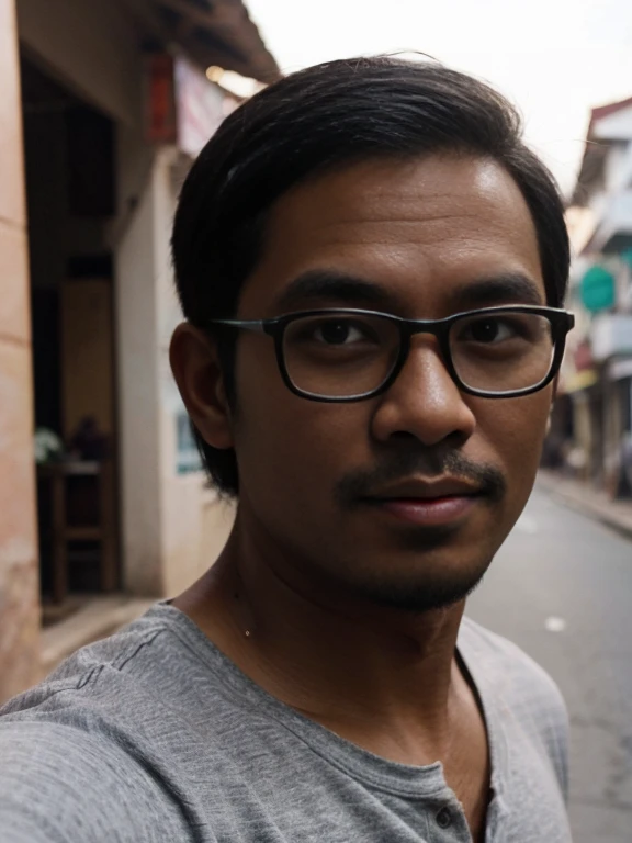 a selfie of a malay man, ((dark skin)), at the street of melaka, 40-year-old, ((very short hair)) bokeh, wearing glasses