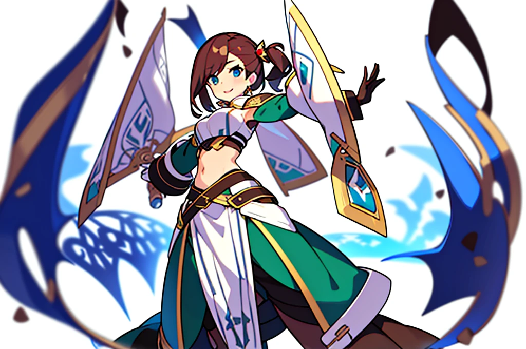 solo female, midriff, (((blurry background, white background))), character focus, fantasy clothes, standing, grove cuff, gloves, character design,