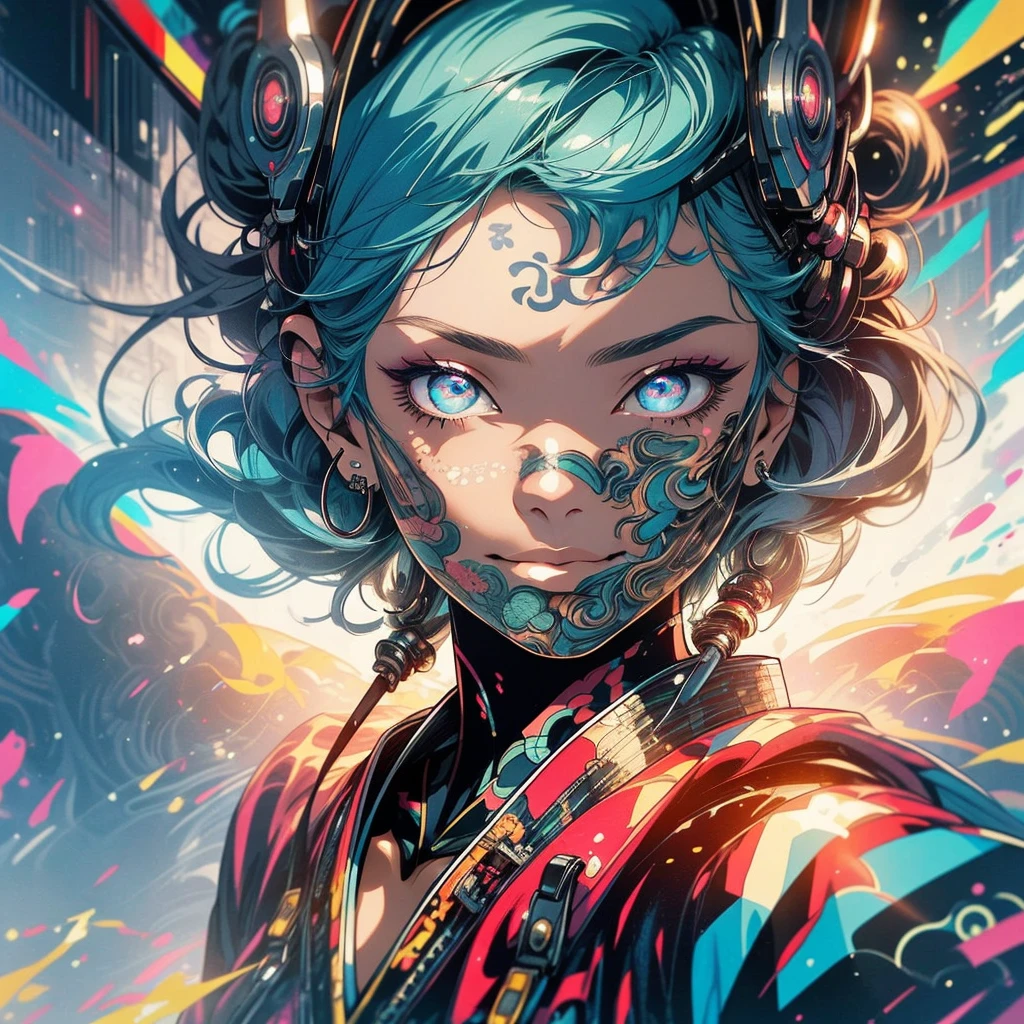 (((highest quality))),(((detailed eyes))),(((32k))),(1 girl),hair,(tattoo),(cyber punk),kimono,((Luxurious and gorgeous)),Shiny skin,earrings,flashy,((Super beautiful woman)),(perfect face),Japanese sword,ultimate texture,official art,Ukiyo-e,stylish,photograph,perfect body,smile,Bewitching,Highest image quality,distinct,real,fantasy,(Near the future),ninja,perfect eyes,big breasts,((cleavage)),highlight