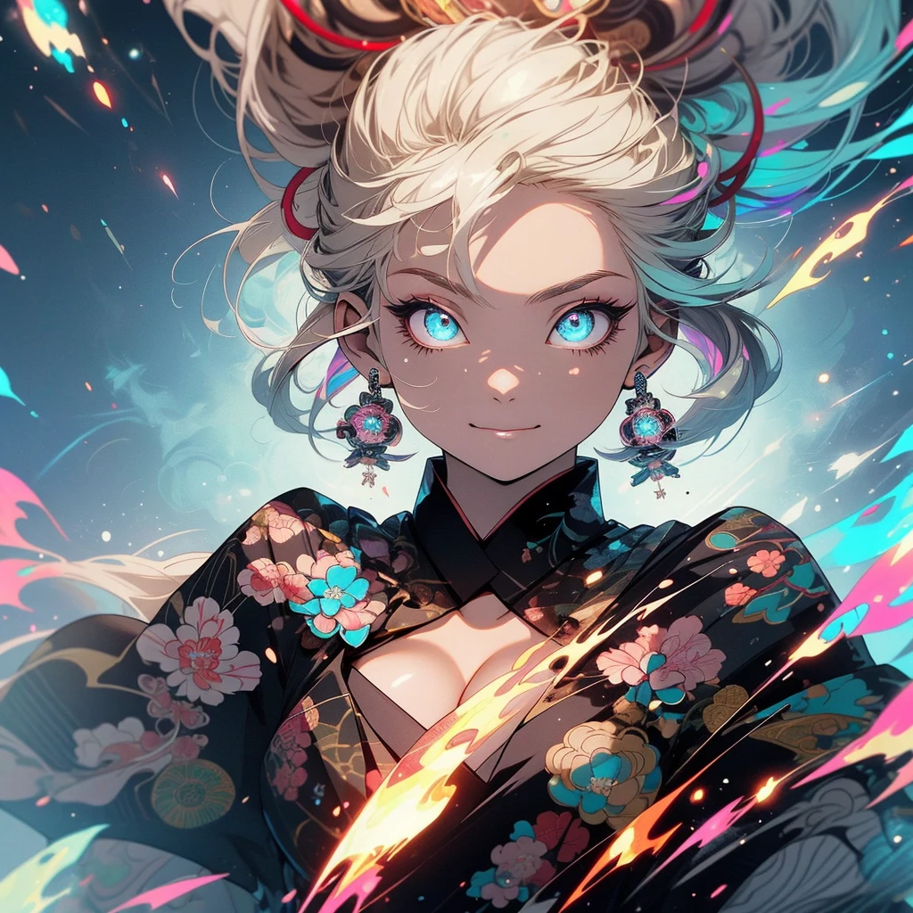 (((highest quality))),(((detailed eyes))),(((32k))),(1 girl),hair,(tattoo),(cyber punk),kimono,((Luxurious and gorgeous)),Shiny skin,earrings,flashy,((Super beautiful woman)),(perfect face),Japanese sword,ultimate texture,official art,Ukiyo-e,stylish,photograph,perfect body,smile,Bewitching,Highest image quality,distinct,real,fantasy,(Near the future),ninja,perfect eyes,big breasts,((cleavage)),highlight