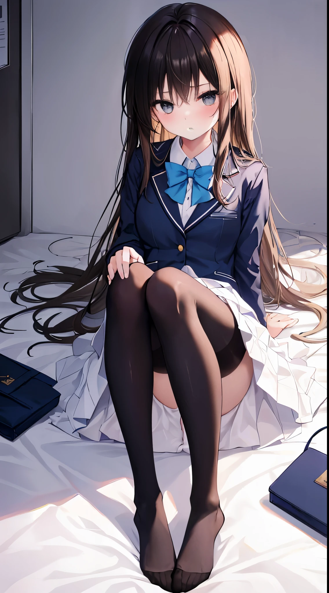 finest, masterpiece, High resolution, (whole body), front, frontやや下からの構図, symmetry, high school girl, alone, (whole body from head to toe), small breasts, long hair, brown hair, slightly messy hair, (black tights), ( (black pantyhose), black pantyhose, M字開foot, Bent knees and legs spread, composition show me your white panties, slender beautiful foot, very beautiful 17 year old girl (not wearing shoes) foot), blush, shy big eyes, messy hair, looking at camera, show me your white panties, White ruffled lingerie, high school uniform blazer, high school uniform white blouse, High school uniform with blue ribbon, High school uniform with short plaid pattern and navy pleated skirt