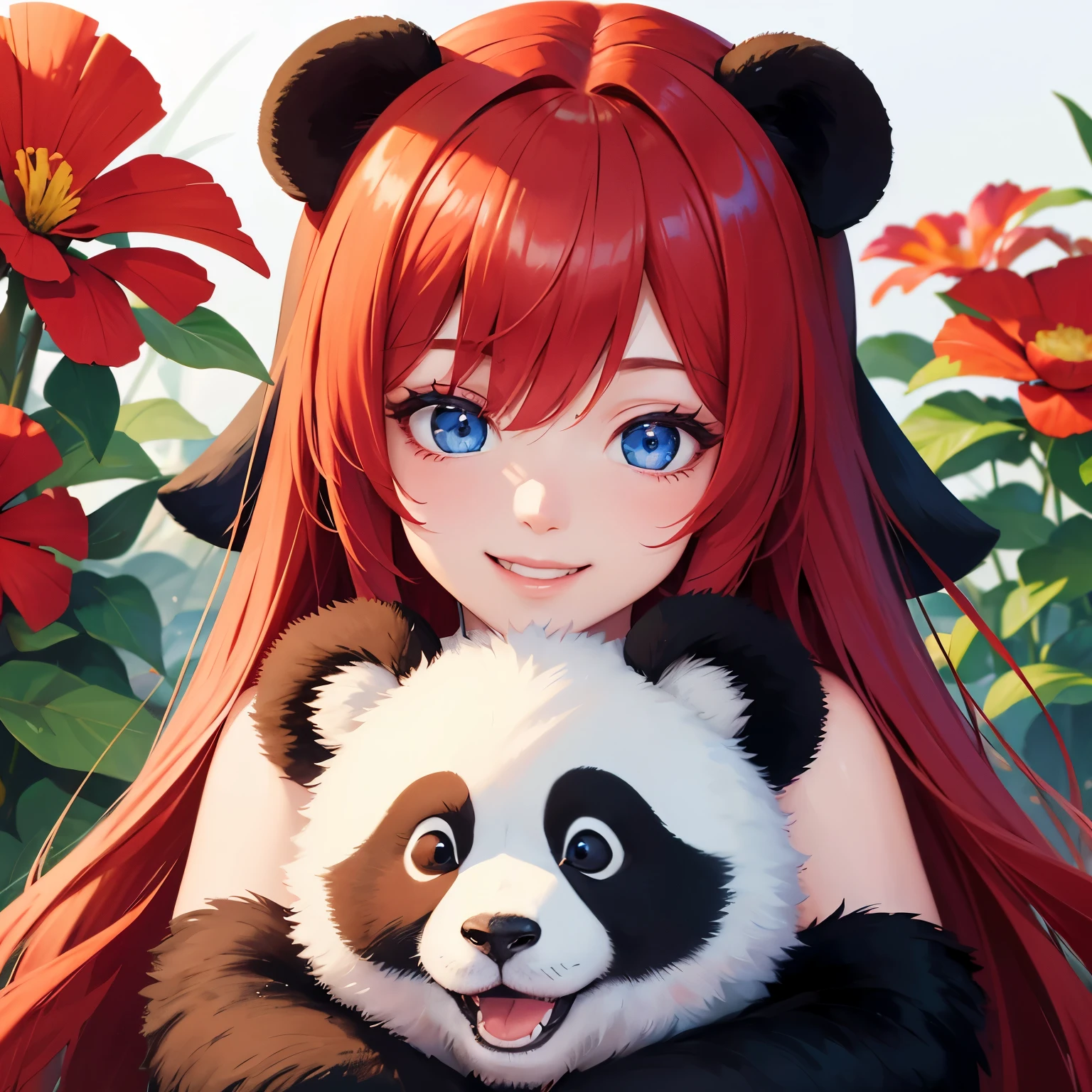 Girl with red hair, blue eyes, wearing a panda costume, smiling, flower garden background have a perfect face Up to 8k resolution, clear details A masterpiece is the ultimate art.