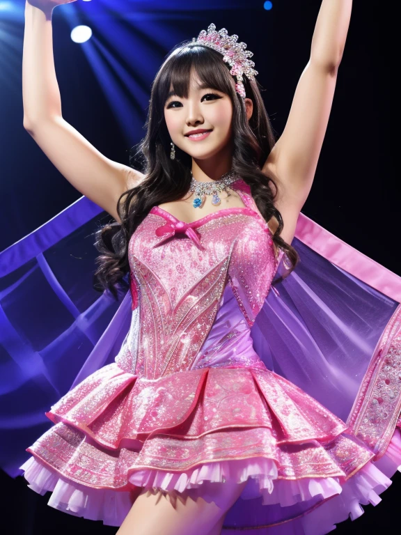 master piece、Ultra high resolution photo quality、cinematic camera work、Video of the entire stage、long shot、modern japanese strip theater、wide stage、wide seat、Mayu Minami、big droopy eyes、thick eyebrows、flushed cheeks、familiarity、very beautiful Japanese female dancer、athlete、very sexy、Very long and beautiful strong arms and legs and beautiful abs、Fair skin、Her fine skin is very beautiful、Sweat、beautiful bright smile、healthy、kind、Noble、refinement、kind、mild、raise one leg、active pose、yoga、gorgeous beautiful dress、Beautiful stage costumes、Dramatic and gorgeous beautiful lighting、Spotlight、Laser beam、smoke effect、clear acoustics、round table stage、body chain、