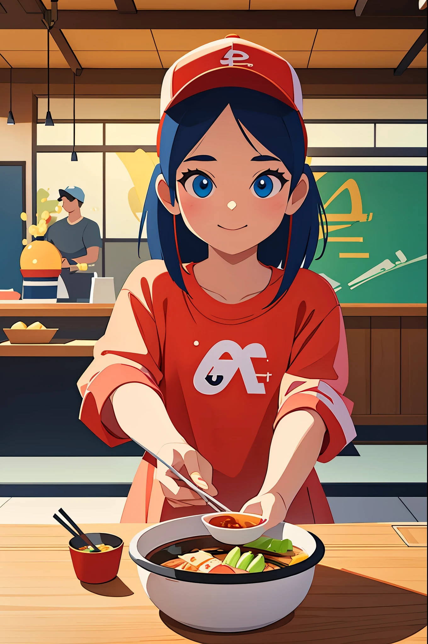 masterpiece，best quality，Hot pot restaurant，10 year old cute girl，Girl eating hot pot，Casual attire，baseball cap，Pixar，（Next generation 3D model），（three-dimensional）Cartoon，High gloss greasy