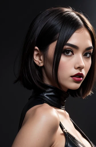 a close up of a woman wearing a leather jacket, inspired by Hedi Xandt, trending on cg society, popular south korean makeup, chin-length hair, dark cape, 💣 💥, south east asian with round face, avatar image, wlop loish and clamp style, instagram model, black lips, black colour lipstick on lips, cindy avelino, with short hair, hana alisa omer, makeup, black lips, juicy black lips