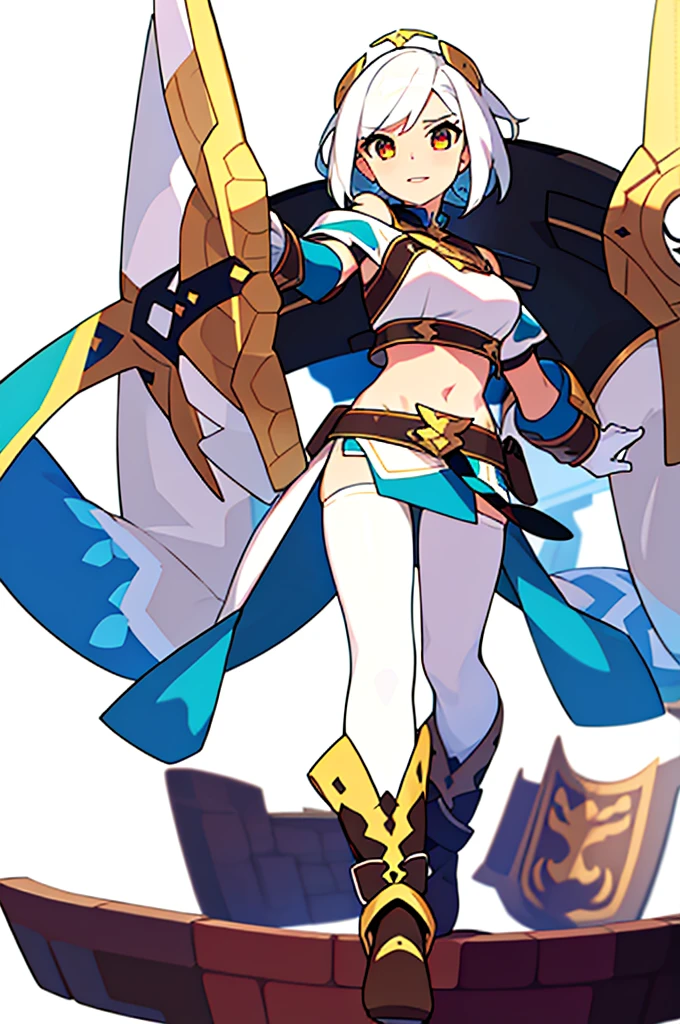 solo female, midriff, (((blurry background, white background))), character focus, fantasy clothes, standing, grove cuff, gloves, character design,