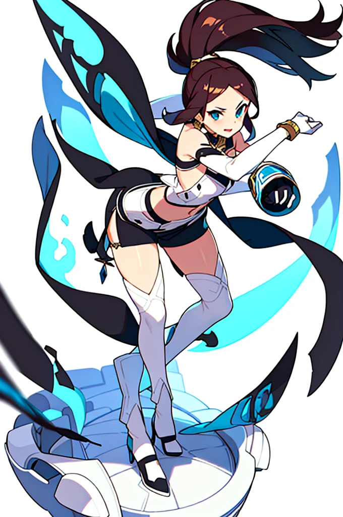 solo female, midriff, (((blurry background, white background))), character focus, fantasy clothes, standing, grove cuff, gloves, character design,