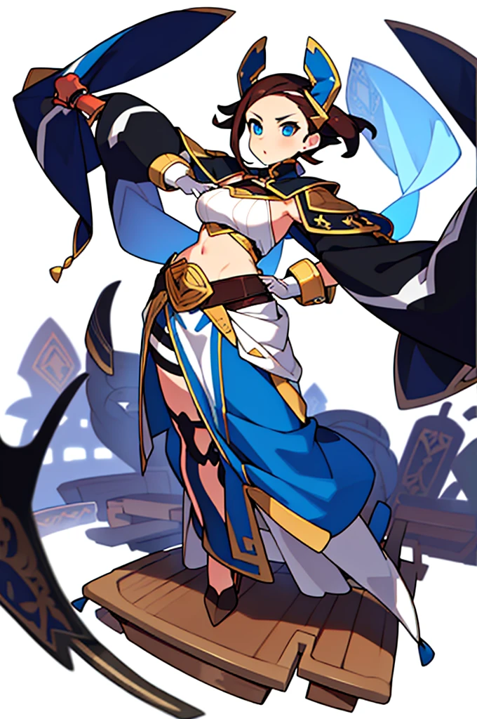 solo female, midriff, (((blurry background, white background))), character focus, fantasy clothes, standing, grove cuff, gloves, character design,