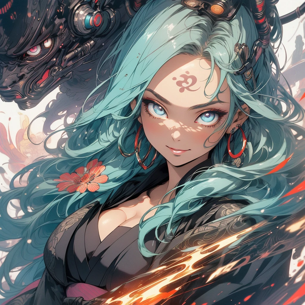 (((highest quality))),(((detailed eyes))),(((32k))),(1 girl),hair,(tattoo),(cyber punk),kimono,((Luxurious and gorgeous)),Shiny skin,earrings,flashy,((Super beautiful woman)),(perfect face),Japanese sword,ultimate texture,official art,Ukiyo-e,stylish,photograph,perfect body,smile,Bewitching,Highest image quality,distinct,real,fantasy,(Near the future),ninja,perfect eyes,big breasts,((cleavage)),highlight