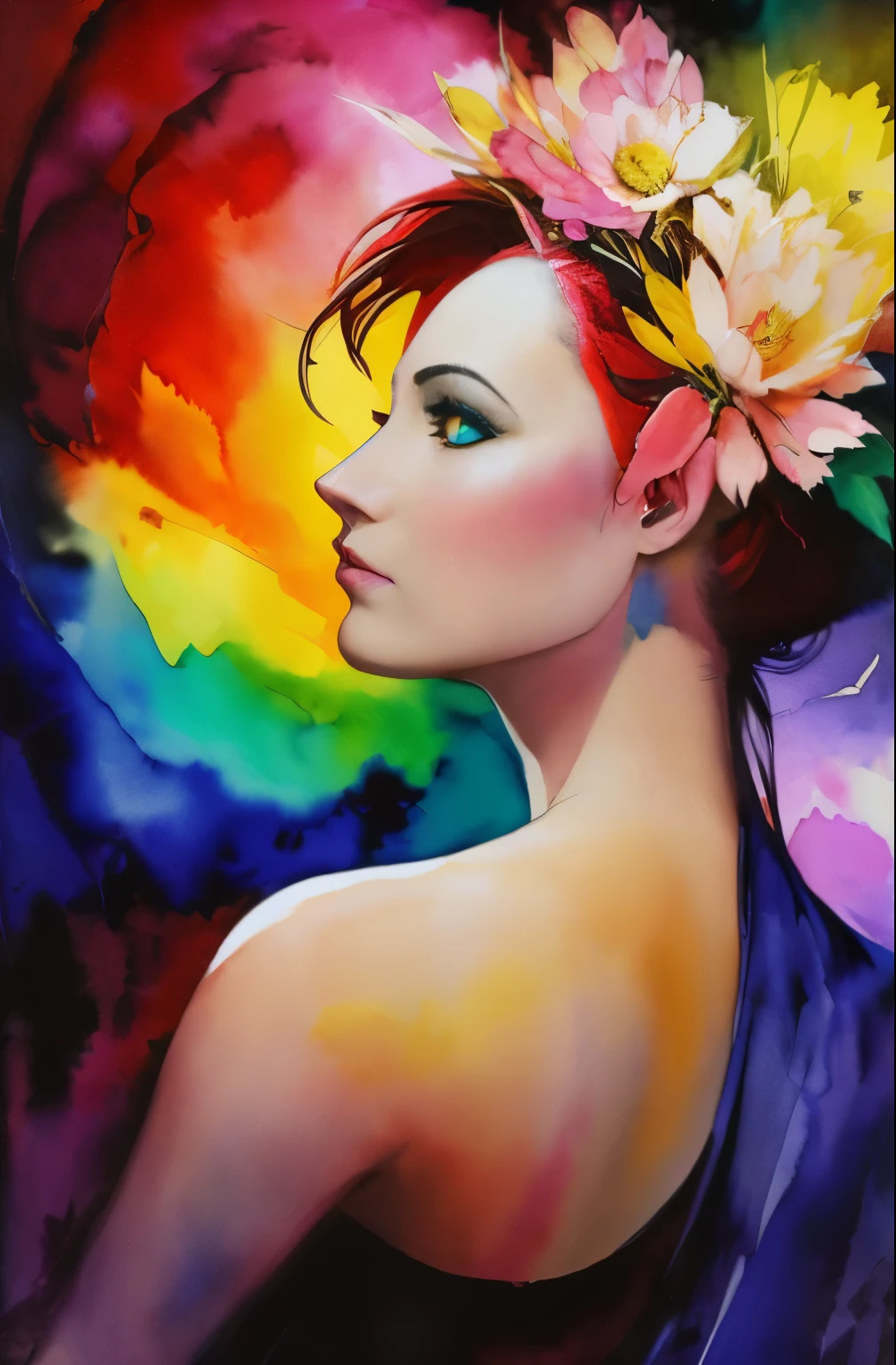 painting of woman, tumbler, figurative art, Intense watercolor painting, watercolor detailed art, Watercolor Splash, surreal, Avant-garde pop art, Beautiful and expressive paintings, Beautiful artwork illustration, very colorful tones, wonderful, cool beauty, highest quality,official art, women only, sharp outline, best shot, vector art, Written by Sandra Chevrier, Dave McKean、by Richard Avedon、Written by Makiezi Kusiala, luminous design, bouquet of light spectrum, faster than light