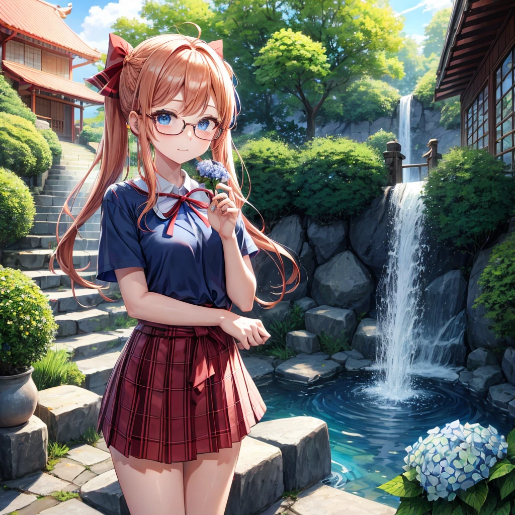 Red-blonde、blue hair、blue eyes、Braid、one good looking girl、solo、anime、Plaid miniskirt、camisole、black t-shirt、Tilting your face、Doing the ribbon、Ribbon at waist、sunset sky、shrine、stone stairs、petal、tunnel、drawing a fortune、Fallen leaves、fixing glasses、waterfall、Have a bouquet of hydrangeas、contrail、drinking water