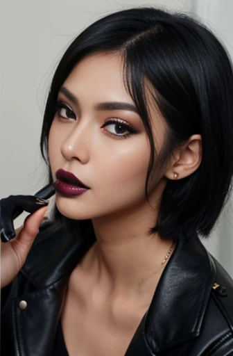 a close up of a woman wearing a leather jacket, inspired by Hedi Xandt, trending on cg society, popular south korean makeup, chin-length hair, dark cape, 💣 💥, south east asian with round face, avatar image, wlop loish and clamp style, instagram model, black lips, black colour lipstick on lips, cindy avelino, with short hair, hana alisa omer, makeup, black lips, juicy black lips, sexy hot black colour lips