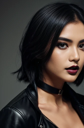 a close up of a woman wearing a leather jacket, inspired by Hedi Xandt, trending on cg society, popular south korean makeup, chin-length hair, dark cape, 💣 💥, south east asian with round face, avatar image, wlop loish and clamp style, instagram model, black lips, black colour lipstick on lips, cindy avelino, with short hair, hana alisa omer, makeup, black lips, juicy black lips, sexy hot black colour lips
