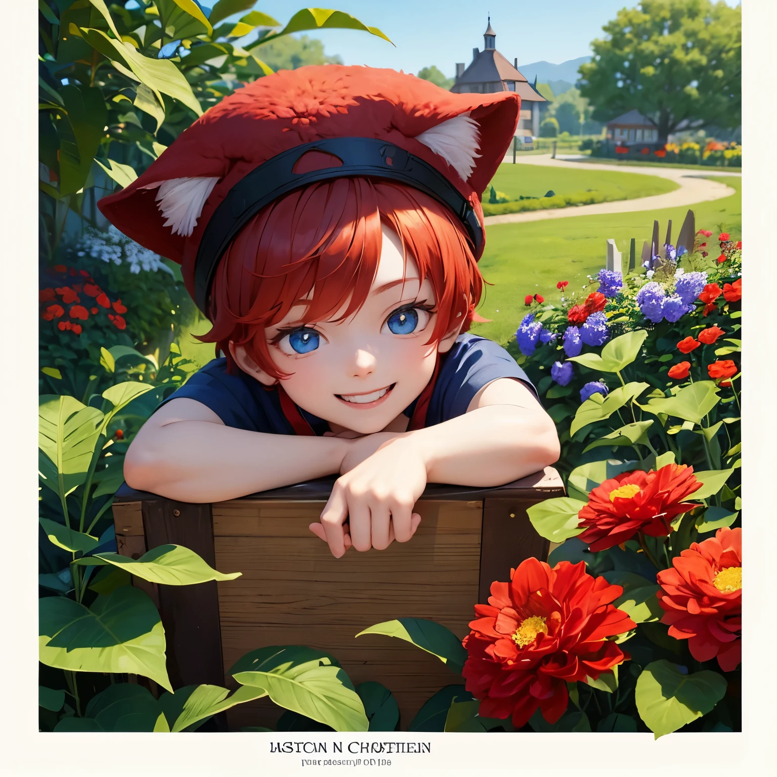 Boy, 2 years old, red hair, blue eyes, wearing a cat hat, smiling, flower garden background have a perfect face Up to 8k resolution, clear details A masterpiece is the ultimate art.