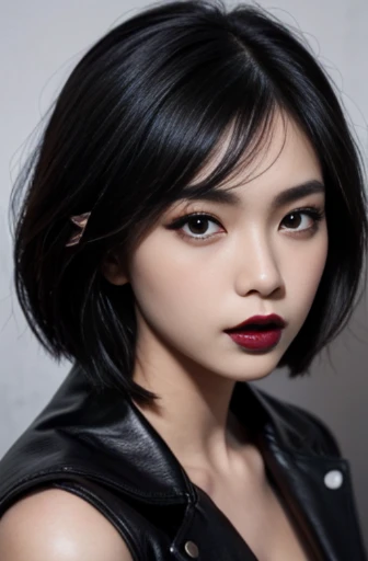 a close up of a woman wearing a leather jacket, inspired by Hedi Xandt, trending on cg society, popular south korean makeup, chin-length hair, dark cape, 💣 💥, south east asian with round face, avatar image, wlop loish and clamp style, instagram model, black lips, black colour lipstick on lips, cindy avelino, with short hair, hana alisa omer, makeup, black lips, juicy black lips, sexy hot black colour lips