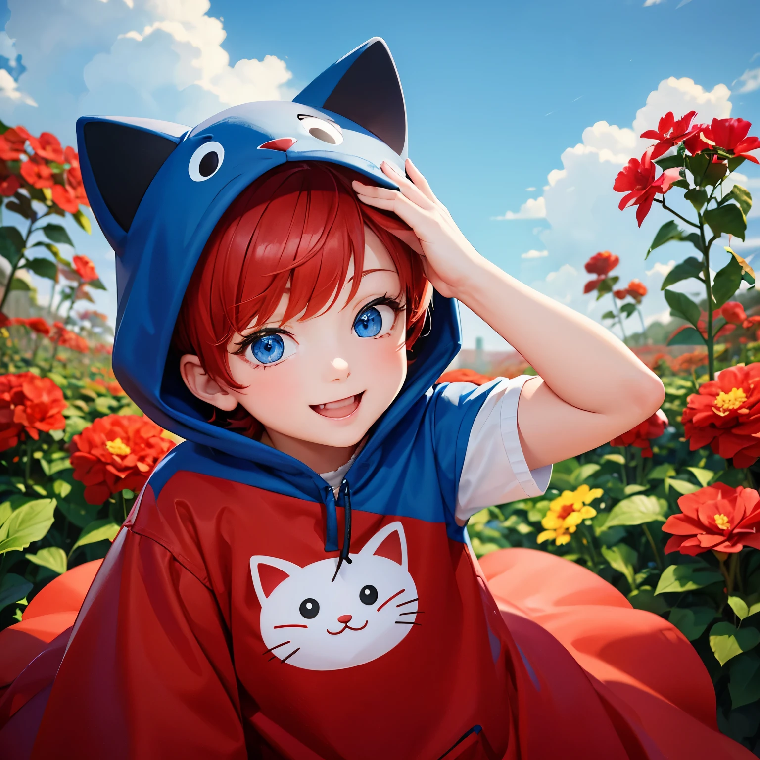 Boy, 2 , short red hair, blue eyes, wearing a cat mascot costume, smiling, flower garden background. have a perfect face Up to 8k resolution, clear details A masterpiece is the ultimate art.