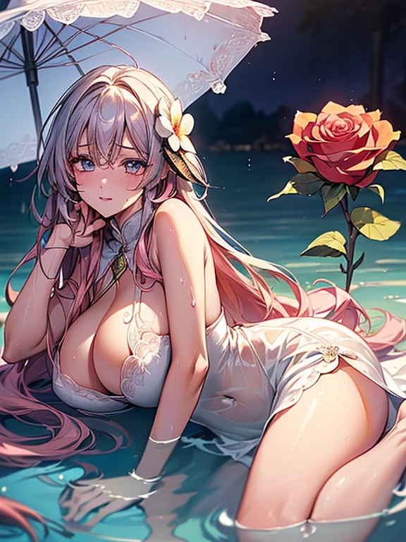 ((top quality)),(ultra high resolution),(Super detailed),(detailed description),((the most picturesque works of art),super precision art,amazing art of depiction,fantasy art:1.5, ((綺麗なおflower々:1.8)), (flowerに侵食された体:1.3),(glamorous body:1.3),fancy background effects、masterpiece、fancy details、(NSFW 1.1), ((1 female)), ((muste piece)), ((extremely detailed:1.3)), (Beautiful woman entering the lake in crystal clear water), ((long beautiful pink hair)), wet hair, (水に浮かぶバラのflowerびら:1.5), (early morning light), (very huge boobs)、pink nipples、pink areola,透けて見えるpink nipples、透けて見えるpink areola、(translucent mini wedding dress)、Arranged,intimate, rose garden、colorful roses、lake with floating roses、Lying down、legs open、spread your legs、Open thighs、soak in water、wet body、ゴージャスなflowerの装飾、大きなflowerいっぱい、solo, water play, flowerいっぱいの髪飾り, flower々, sky porn,shines wet with water、(muste piece),(Highly detailed CG Unity 8K wallpaper),best quality,cinematic lighting,detailed background,beautiful detailed eyes,bright pupils, (very delicate and beautiful),(Beautiful and detailed eyes),((muste piece)),