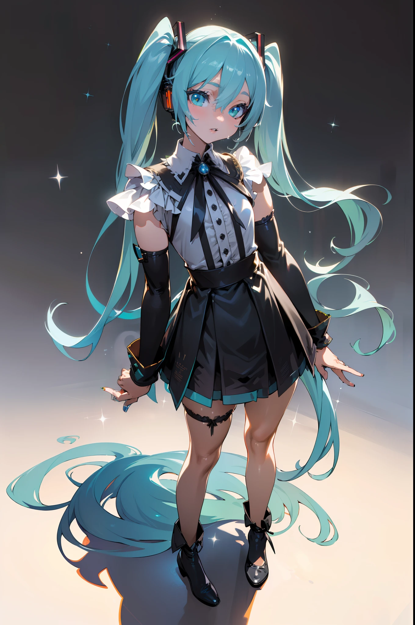 (((Asanagi Art Style))), (((1girl))), (((Waifu, VOCALOID, Miku Hatsune Waifu))), (((Long Hair, Twintails Hair))), ((Cyan Eyes eyes:1.3, Upturned Eyes: 1, Perfect Eyes, Beautiful Detailed Eyes, Gradient eyes: 1, Finely Detailed Beautiful Eyes: 1, Symmetrical Eyes: 1, Big Highlight On Eyes: 1.2)), (((Lustrous Skin: 1.5, Bright Skin: 1.5, Skin Fair, Shiny Skin, Very Shiny Skin, Shiny Body, Plastic Glitter Skin, Exaggerated Shiny Skin, Illuminated Skin))), (Detailed Body, (Detailed Face)), Young, (Best Quality), Shirt, Loose Skirt, Garter Belt, Stockings, High Resolution, Sharp Focus, Ultra Detailed, Extremely Detailed, Extremely High Quality Artwork, (Realistic, Photorealistic: 1.37), 8k_Wallpaper, (Extremely Detailed CG 8k), (Very Fine 8K CG), ((Hyper Super Ultra Detailed Perfect Piece)), (((Flawlessmasterpiece))), Illustration, Vibrant Colors, (Intricate), High Contrast, Selective Lighting, Double Exposure, HDR (High Dynamic Range), Post-processing, Background Blur, Inky Shadows, Darker Shadows, Thick Shadows, High Quality Shadows, high detail, realistic, Cinematic Light, sidelighting, Lens Flare, Ray tracing, sharp focus,