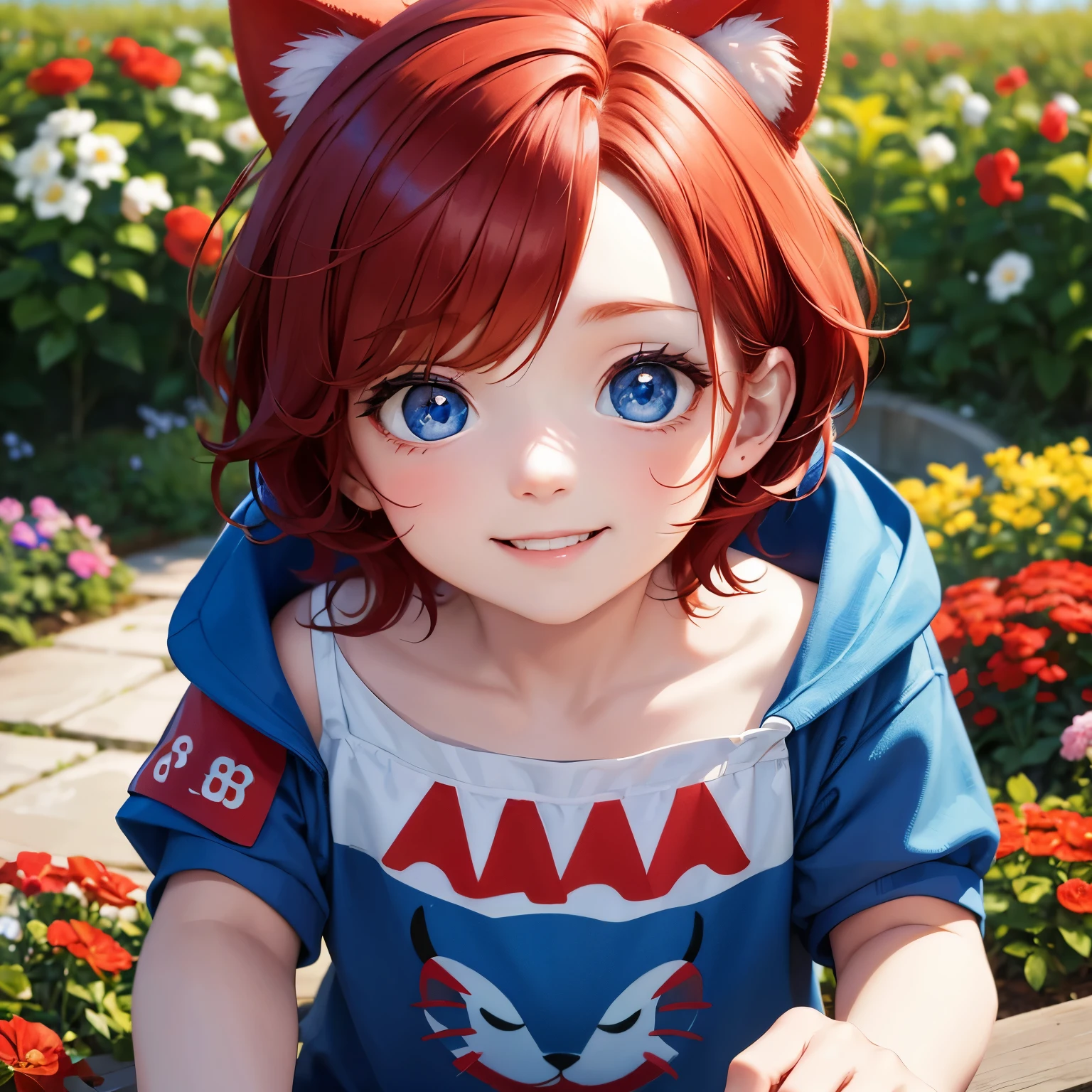 Boy, 2 years old, short red hair, blue eyes, wearing a cat mascot costume, smiling, flower garden background. have a perfect face Up to 8k resolution, clear details A masterpiece is the ultimate art.